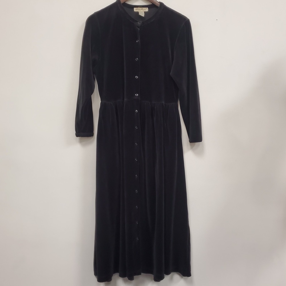 Vintage Eddie Bauer Button Velvet Long‎ Sleeve Maxi Dress Size XS Petite Black
